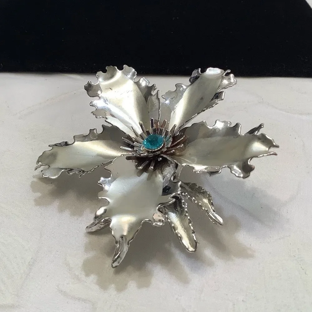 Vintage Large Silver Flower Brooch With Rhinestone